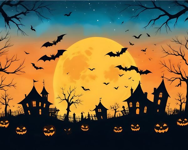 Schon gut vorbereitet auf Ende Oktober? Halloween-Szenerie mit Kürbissen und Fledermäusen
