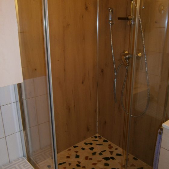 Wandpannele in Holzoptik passend zum gefliesten Mosaikboden in der Dusche 